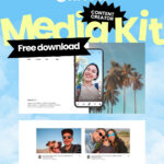 Canva content creator media kit promo: blue sky background with large yellow 'Media Kit' text and a black 'Free download' ribbon banner, plus device mockups and palm trees.