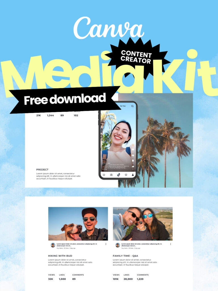 Canva content creator media kit promo: blue sky background with large yellow 'Media Kit' text and a black 'Free download' ribbon banner, plus device mockups and palm trees.