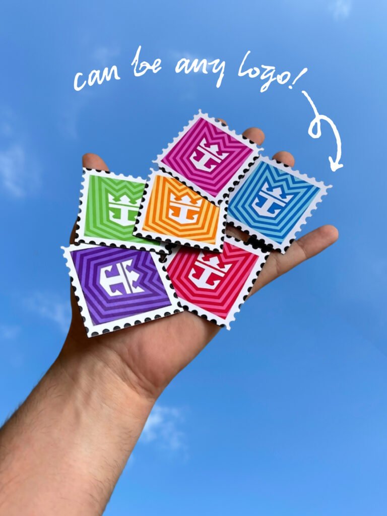 Hand holding a fan of colorful stamps with a white logo, against a blue sky; handwritten text 'can be any logo' above.