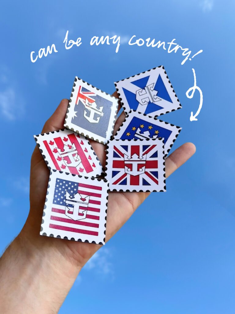 Hand holding stamps with Canada, UK, US, and EU flags against a blue sky; handwritten caption says 'can be any country!' in the air above.